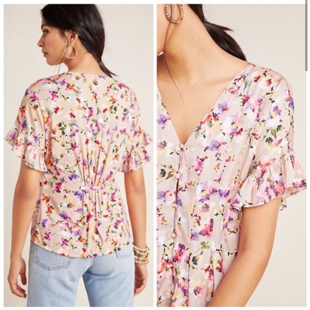 NWT Anthro Dolan Mitzi pleated floral button silky ruffle blouse top